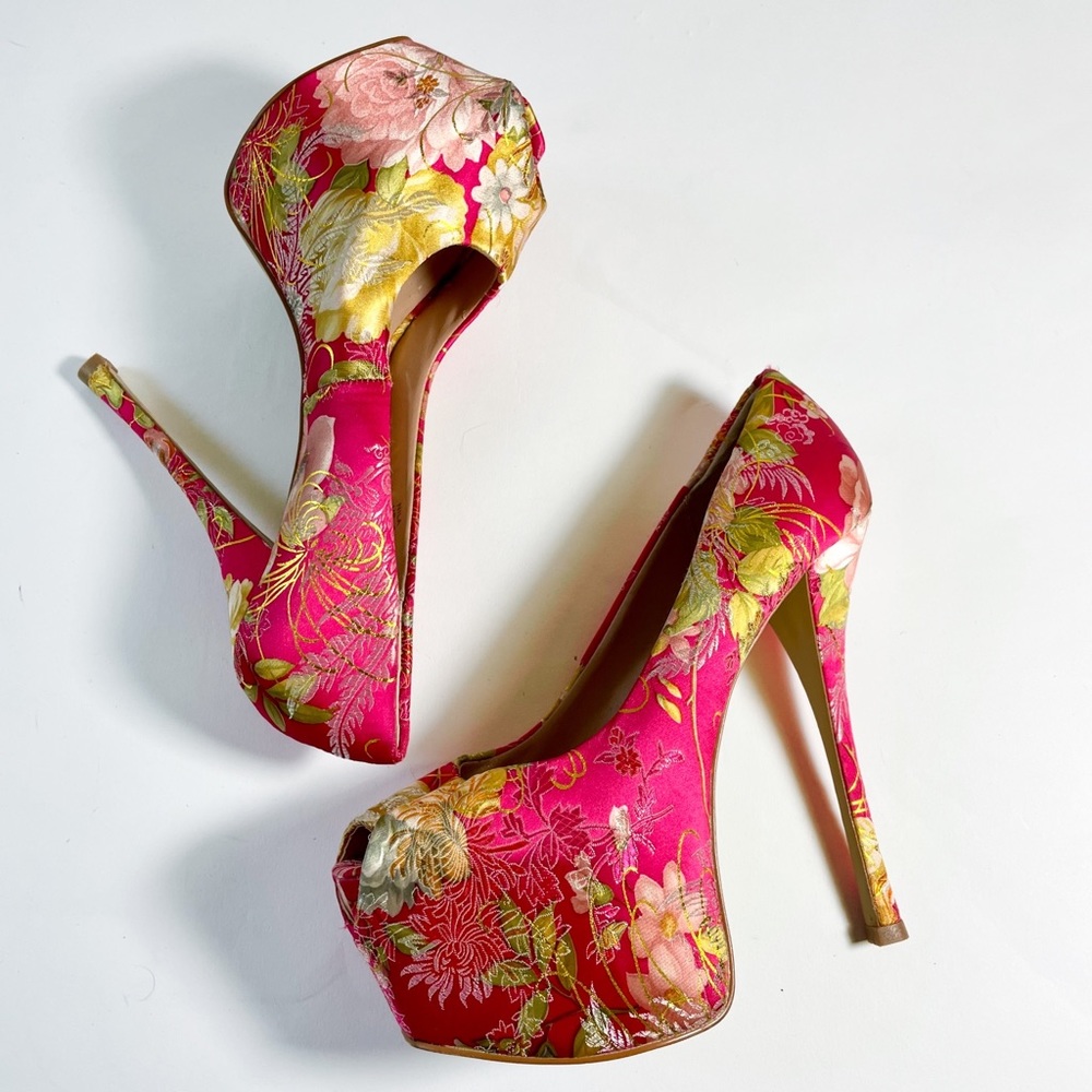 Y2K Floral Tapestry Chinoiserie Platform Stiletto Stripper Heels. 8